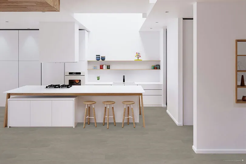 Moderne Küche mit hellem Holzboden aus nachhaltiger ZIPSE-Qualität – ideal für offene Wohnkonzepte und minimalistisches Design.